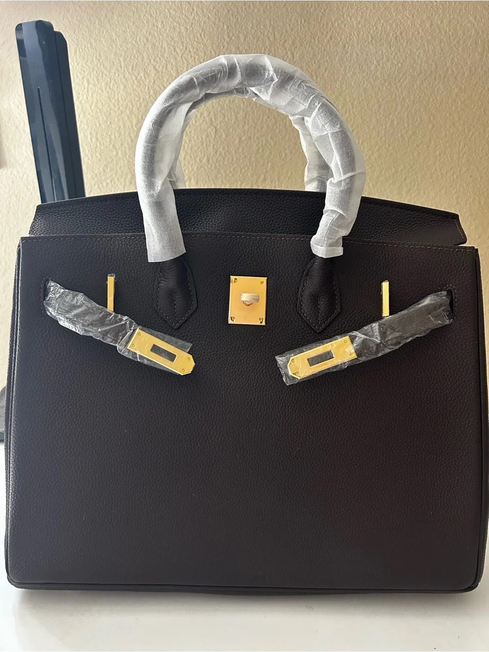 35cm Ebene Structured Top-Handle Bag with Gold Hardware